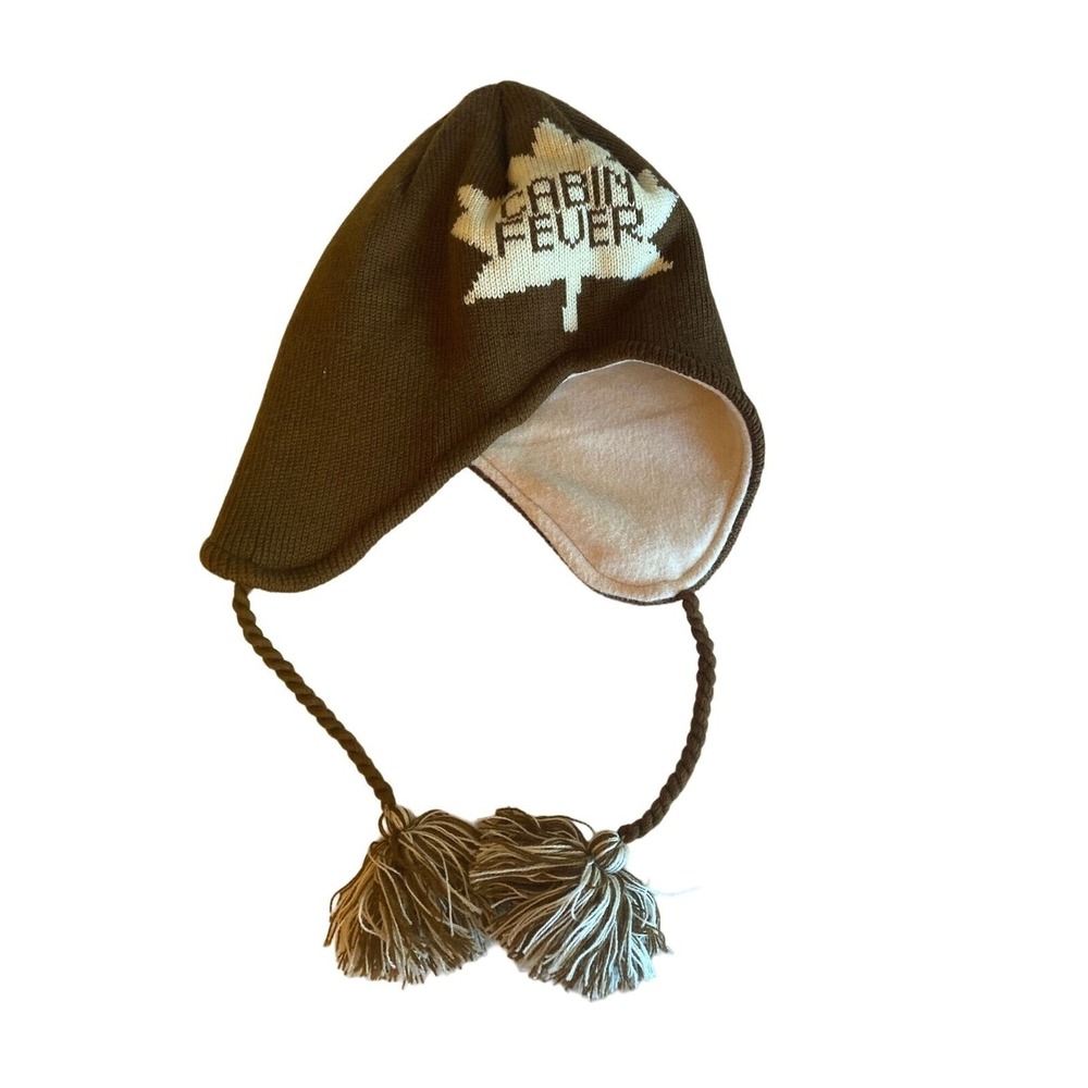 Cabin Fever Brown Knit Ski Hat Pom Pom Ties One Size